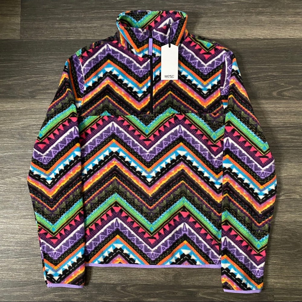 WeSC Mitch ZigZag Unisex Polar Fleece Pullover Jacket Aztec Southwestern Medium
